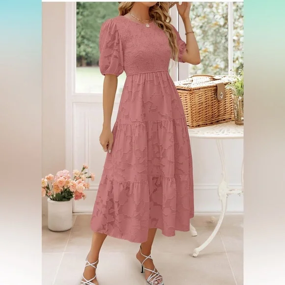 CHICLINE[チックライン] Freesia Puff Chiffon Floral One Piece Zesica | Dresses | Short Puff Sleeve Crewneck Smocked Floral